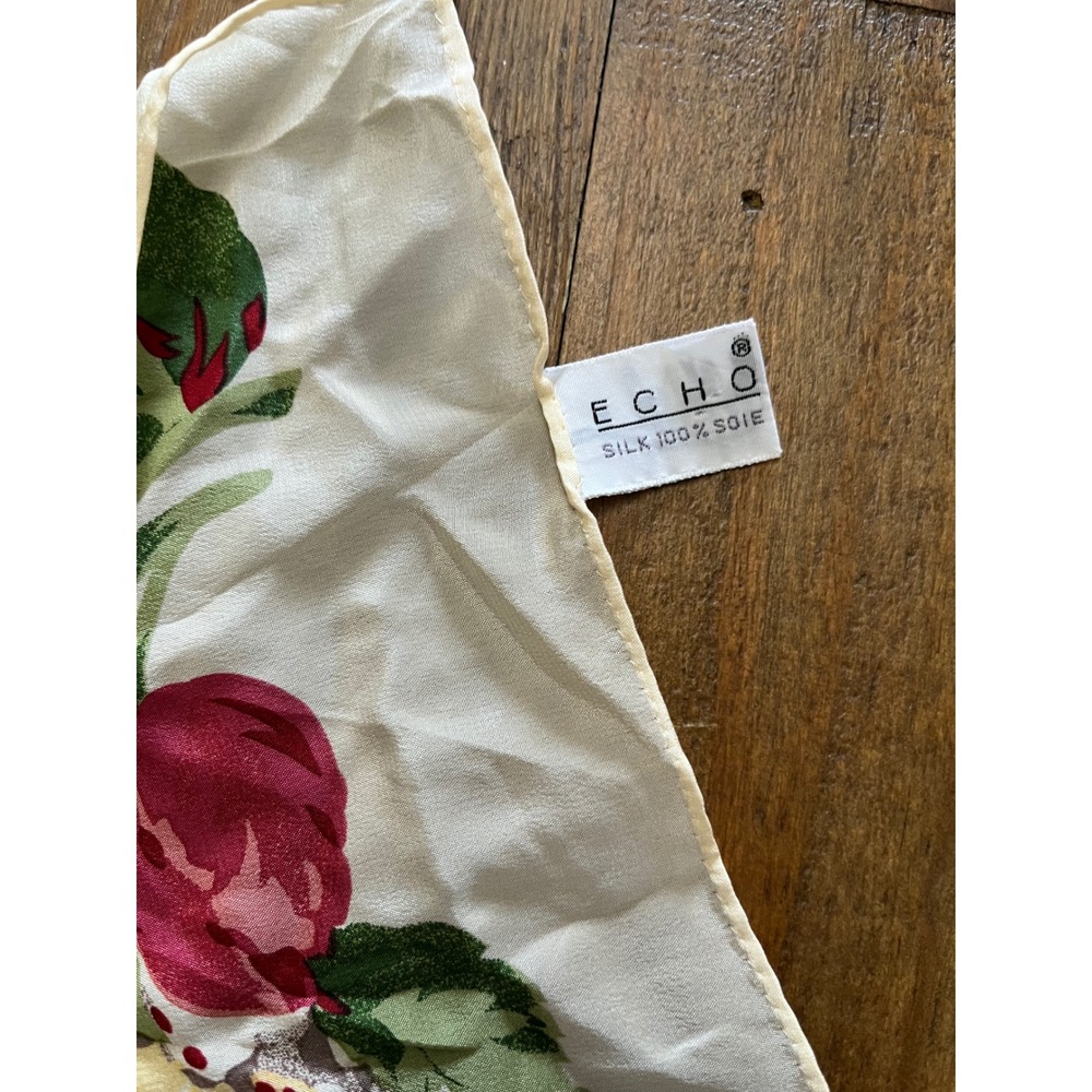 ECHO Silk Scarf Floral Rose Print Womens OS Ivory Red Vintage Aesthetic Luxury - Picture 3 of 5